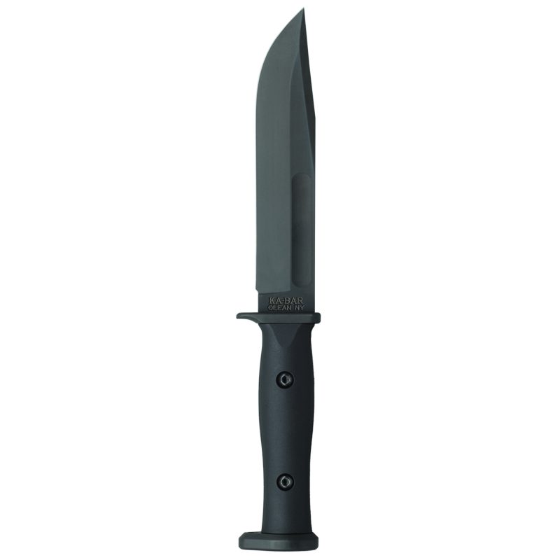 KA-BAR Knives Slabby Fixed Blade Knife with black 1095 Cro-Van steel clip point blade and black glass-filled nylon handle, shown with its black sheath.