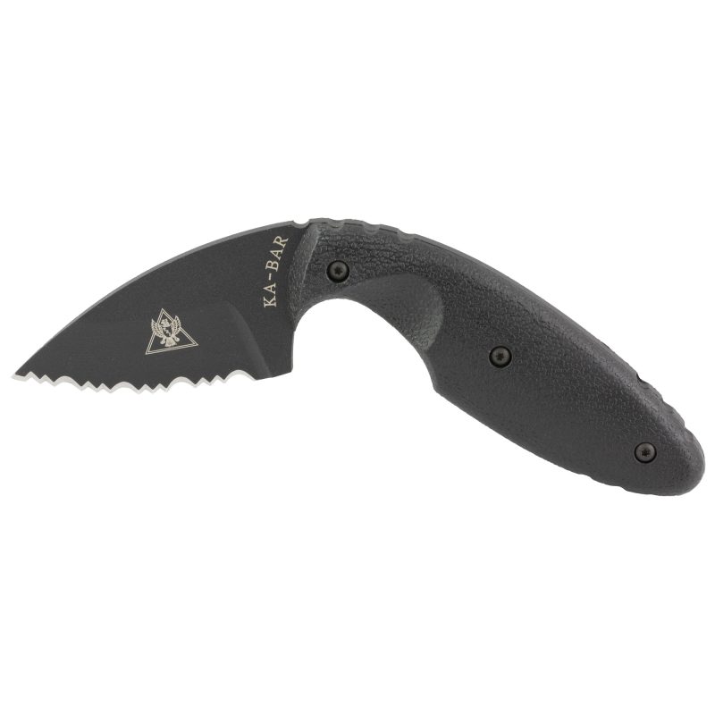 KA-BAR TDI Law Enforcement fixed blade knife with black serrated drop point blade, black Zytel handle, and black nylon sheath.