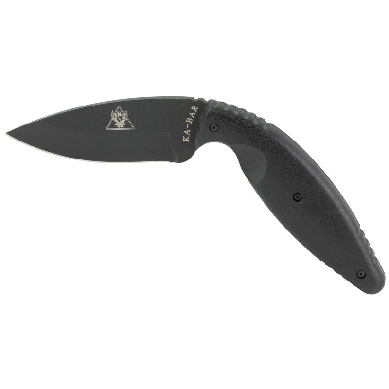 KA-BAR Knives TDI Law Enforcement Fixed Blade Knife with black Zytel handle and black blade, shown with its MOLLE-compatible nylon sheath.