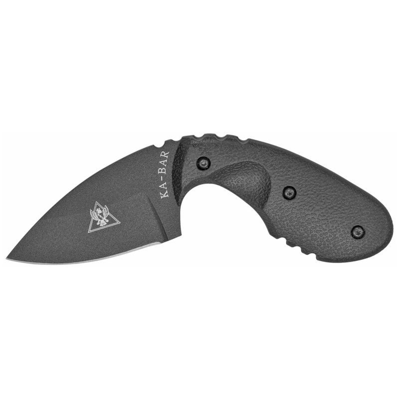KA-BAR TDI Investigator Serrated fixed blade knife with black handle and black nylon sheath, shown on a rugged outdoor surface.