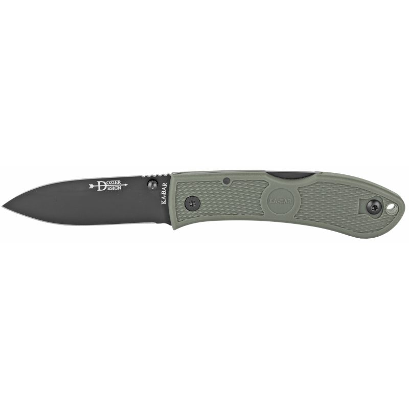 KA-BAR Knives Dozier Folding Hunter knife with a 3-inch plain edge blade, foliage green Zytel handle, and dual thumb studs, shown open against a neutral background.