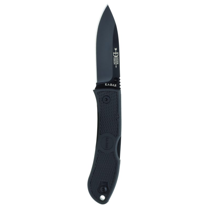 KA-BAR Knives Dozier Folding Hunter 3 inch black drop point blade with black Zytel handle, closed on a rustic background.