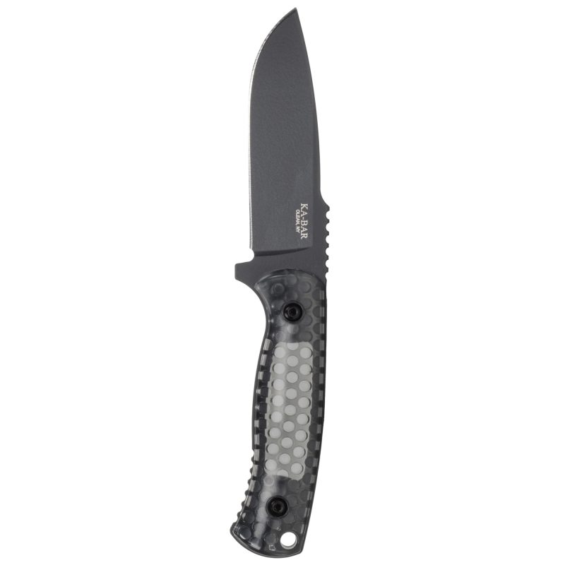KA-BAR Knives Cool Name fixed blade knife with a black drop point blade and smoke polycarbonate handle, shown in its black sheath.