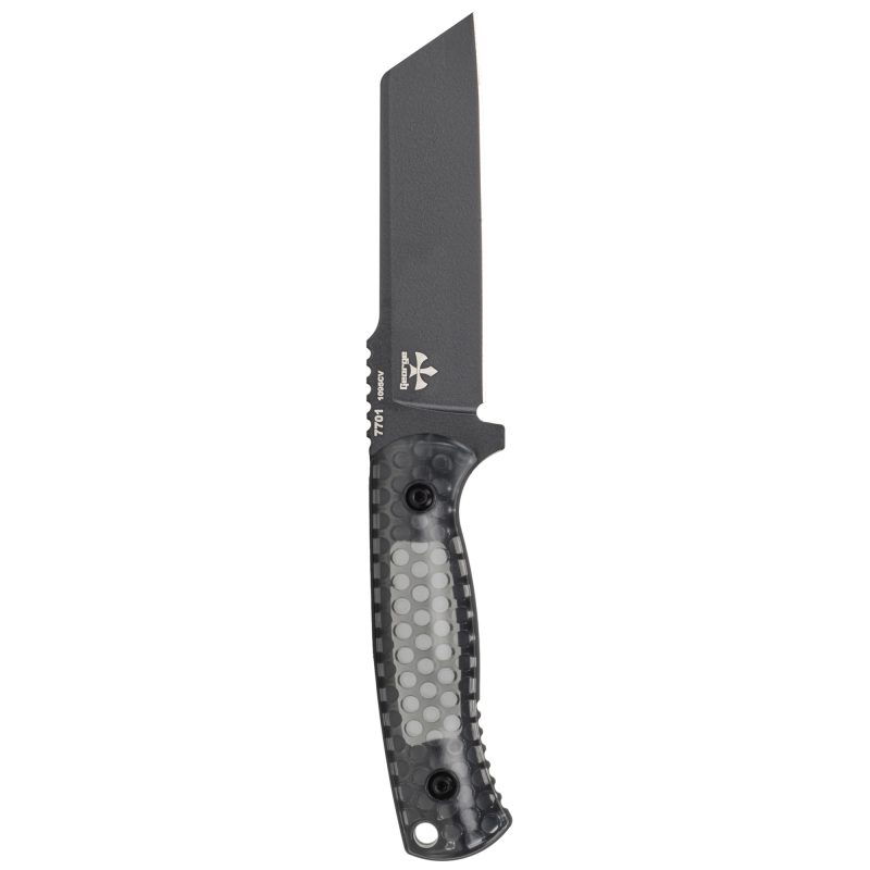 KA-BAR Knives Cool Name Sheepsfoot fixed blade knife with black blade and smoke polycarbonate handle, shown with its sheath.