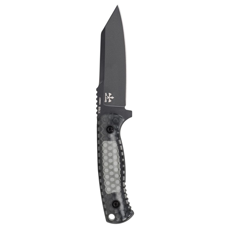 KA-BAR Knives Cool Name Tanto fixed blade knife with black reverse tanto blade, smoke polycarbonate handle, and black sheath, displayed against a rugged outdoor background, suitable for ranch work in the White Mountains of Arizona.