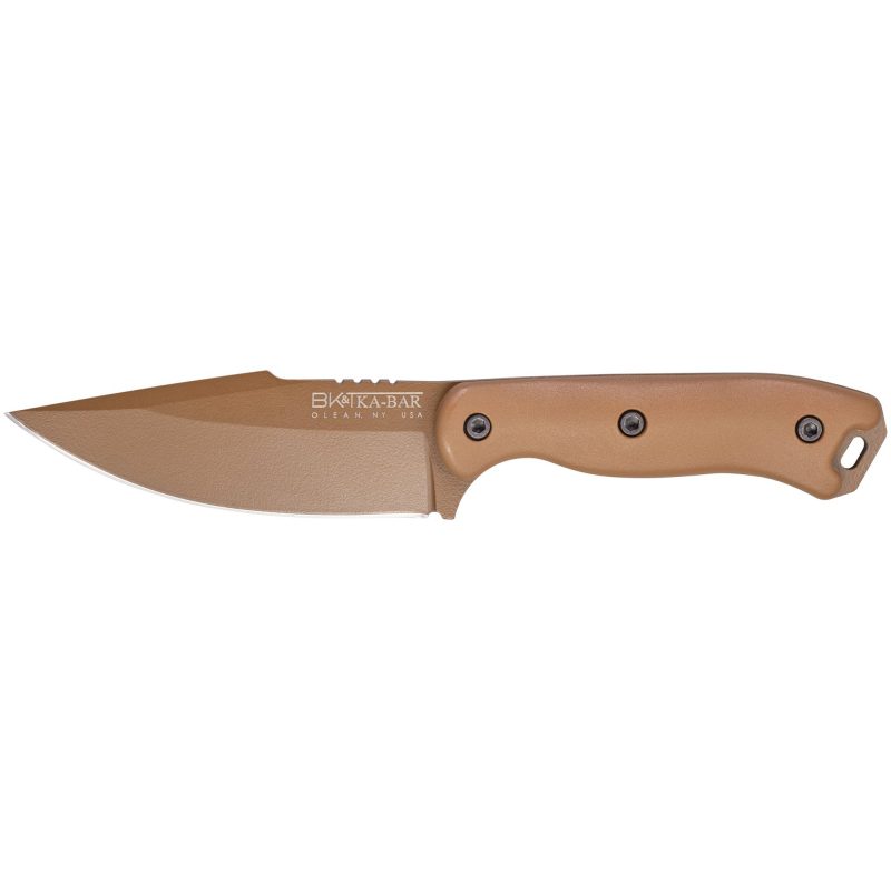 KA-BAR Knives Becker Harpoon fixed blade knife with bronze matte finish, brown polymer handle, and black Celcon sheath on a rustic background.