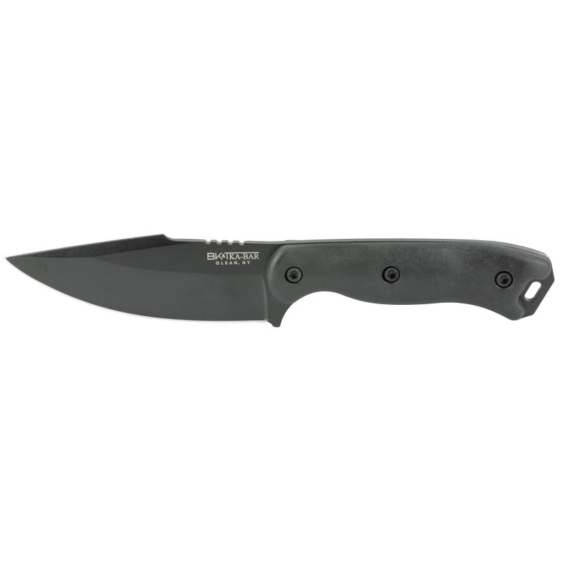 KA-BAR Knives Becker Harpoon fixed blade knife with black handle and black sheath on a rugged outdoor background, ready for use in the White Mountains.