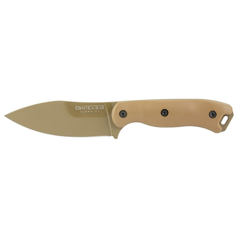 KA-BAR Knives Becker Nessmuk fixed blade knife with coyote brown Ultramid handle and Celcon sheath, shown on a rugged outdoor surface.