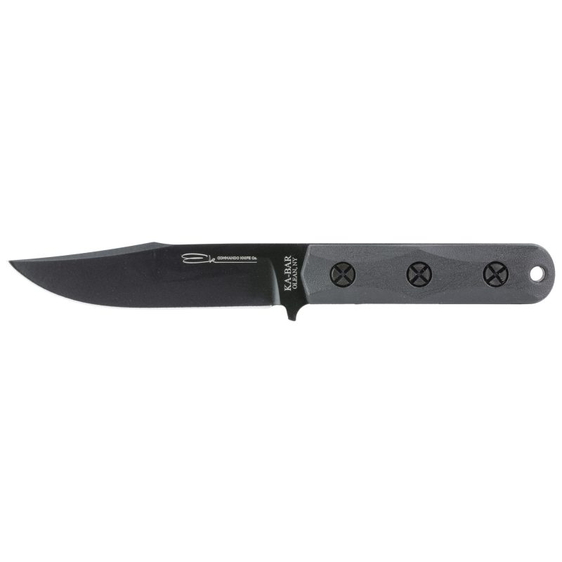 KA-BAR Knives EK Short Clip Point fixed blade knife with a black clip point blade, black Ultramid handle, and a black Celcon sheath, displayed on a rugged background.