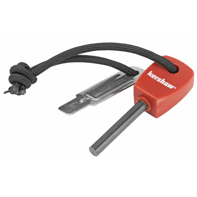 Kershaw Fire Starter with black molded plastic handle, magnesium firesteel rod, and chrome-plated striker, shown with a nylon cord.