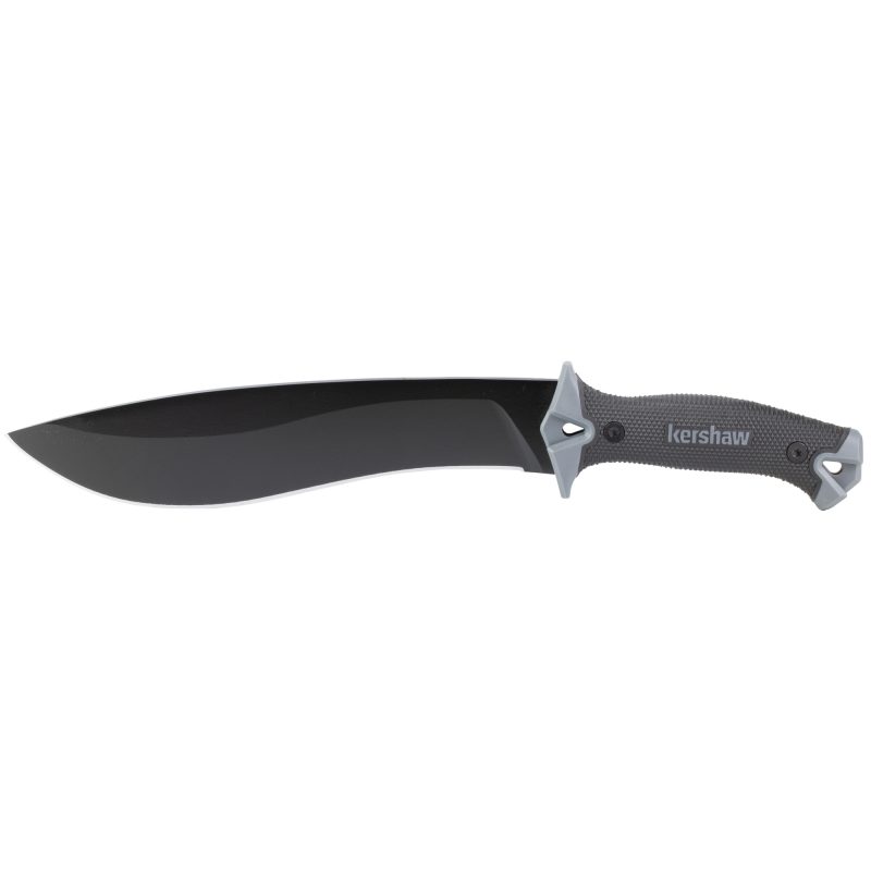 Kershaw Camp 10 Machete with a 10-inch black fixed blade and sheath, shown ready for outdoor use.
