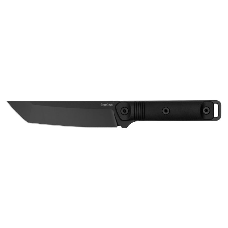 Kershaw Atreides fixed blade knife with a black tanto blade and black polypropylene handle, shown with its versatile sheath.