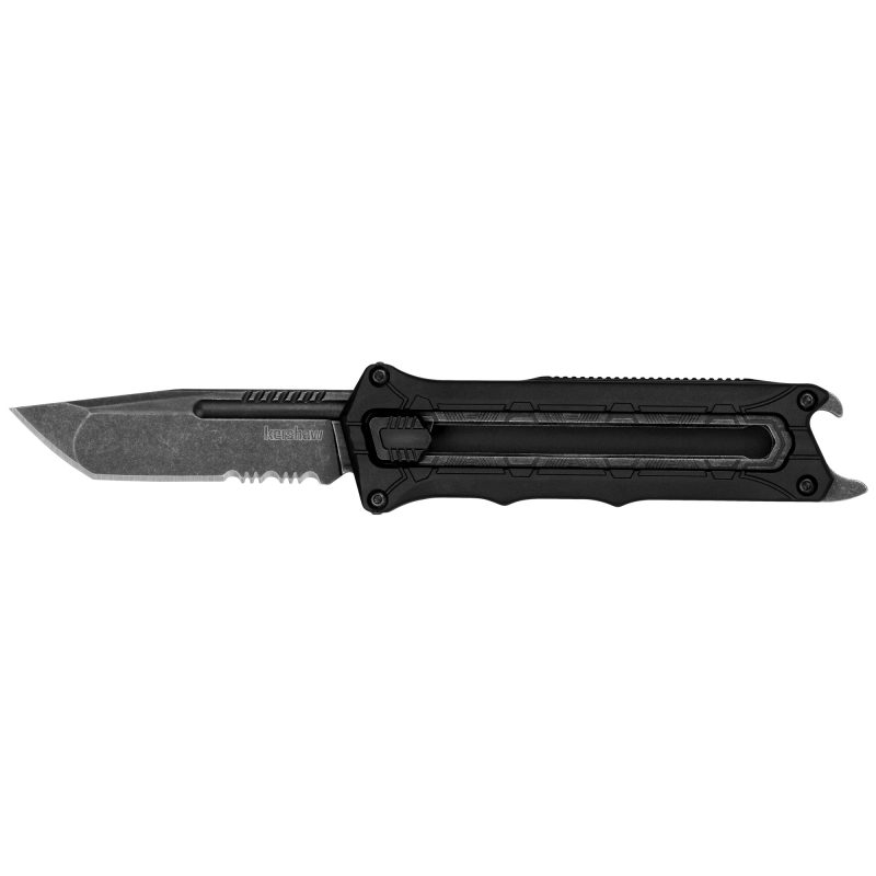 Kershaw Interstellar 2.7 inch Blkwash manual out-the-front knife with partially serrated tanto blade and black glass-filled nylon handle, shown open.
