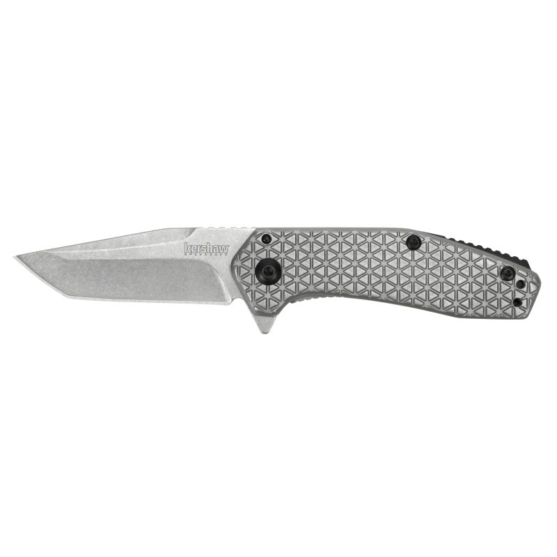 Kershaw Cathode 2.2 inch plain stonewashed folding knife with tanto blade, open, showing frame lock and textured steel handle, on a rugged surface.