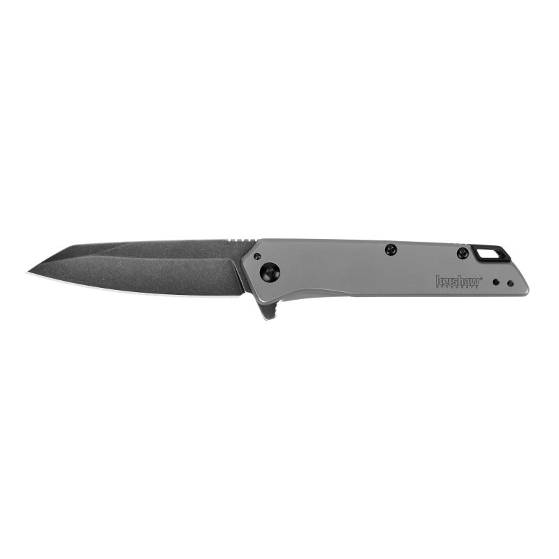 Kershaw Misdirect folding knife with a blackwash finish 2.9 inch blade and gray handle, shown open on a rustic surface.