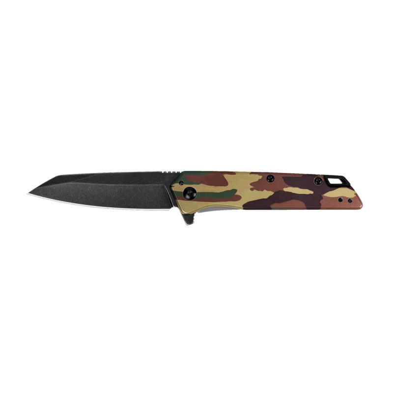 Kershaw Misdirect folding knife with 2.9-inch black reverse tanto blade and woodland camo handle, shown closed on a rustic surface.