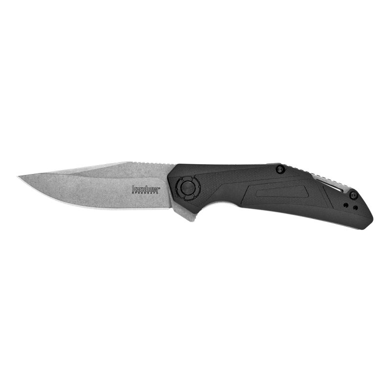 Kershaw Camshaft 3 inch stonewashed folding knife with black glass-filled nylon handle, clip point blade, shown open on a rustic background.