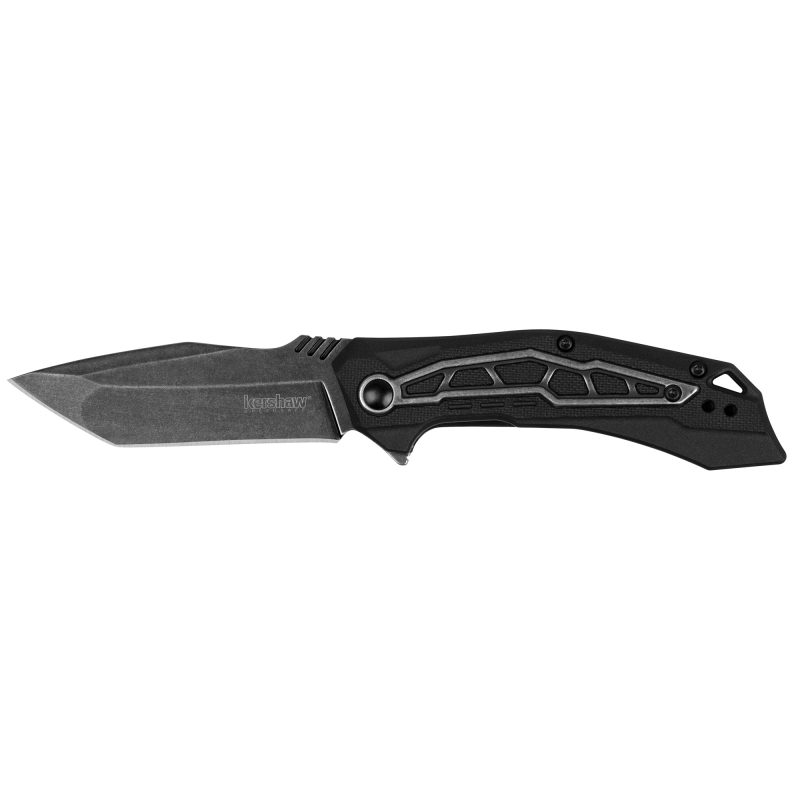 Kershaw Flatbed 3.1 inch BlackWash folding knife with tanto blade and black G10 handle, shown open on a rustic surface.