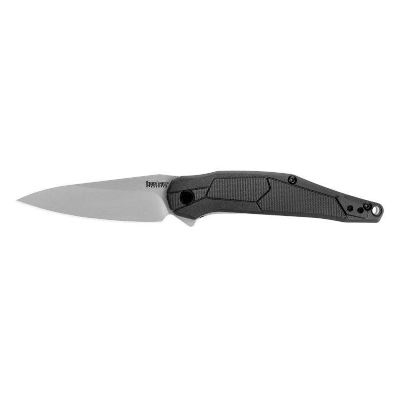 Kershaw Lightyear 3.12 inch black folding knife with spear point blade and glass-filled nylon handle, shown closed.