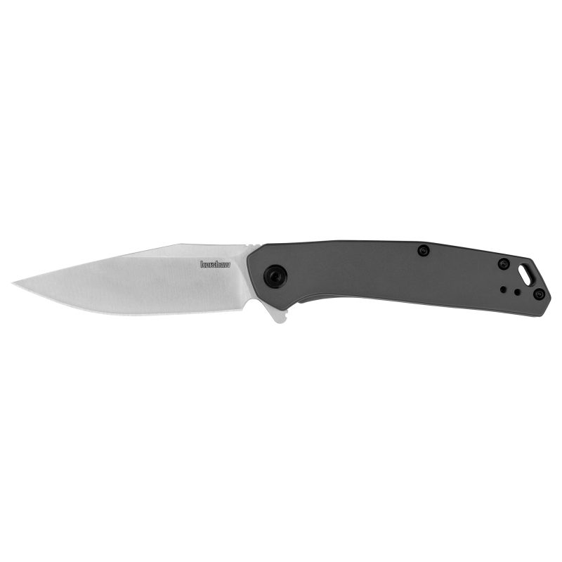Kershaw Align 3.15 inch gray folding knife with clip point plain edge, open on a rustic wood surface, showing the satin finish blade and stainless steel handle.