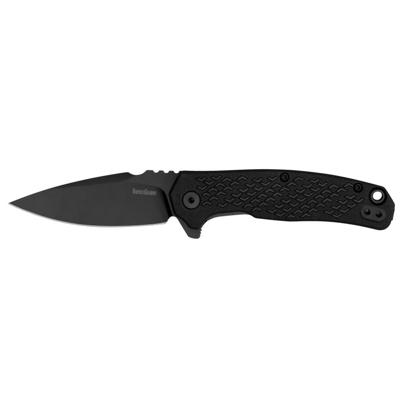 Kershaw Conduit 2.9 inch black oxide folding knife with a plain edge, flipper assisted opening, and a glass-filled nylon handle, shown with its deep-carry pocket clip.