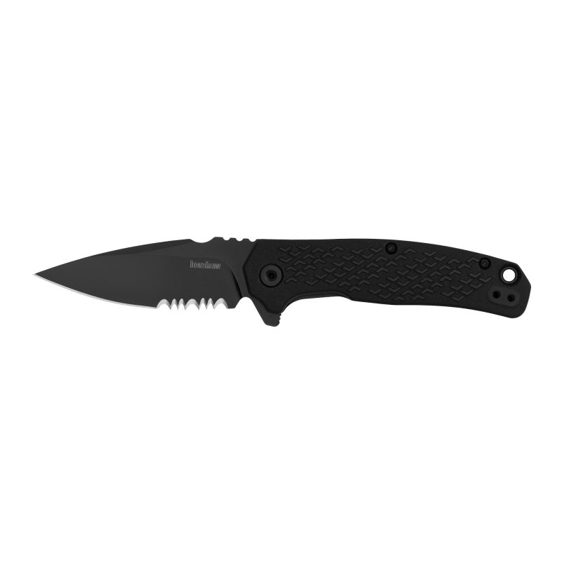 Kershaw Conduit folding knife with 2.9 inch black serrated spear point blade and black glass filled nylon handle, shown open on a rustic surface.