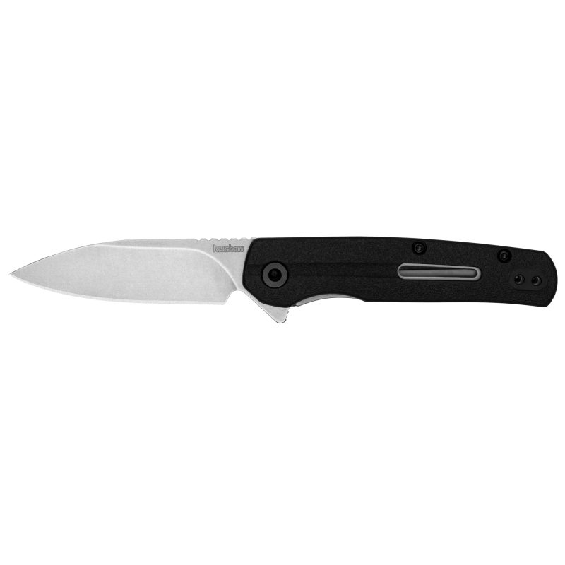 Kershaw Korra 2.75 inch black folding knife with a stonewashed drop point blade and textured glass-filled nylon handle, shown partially open.