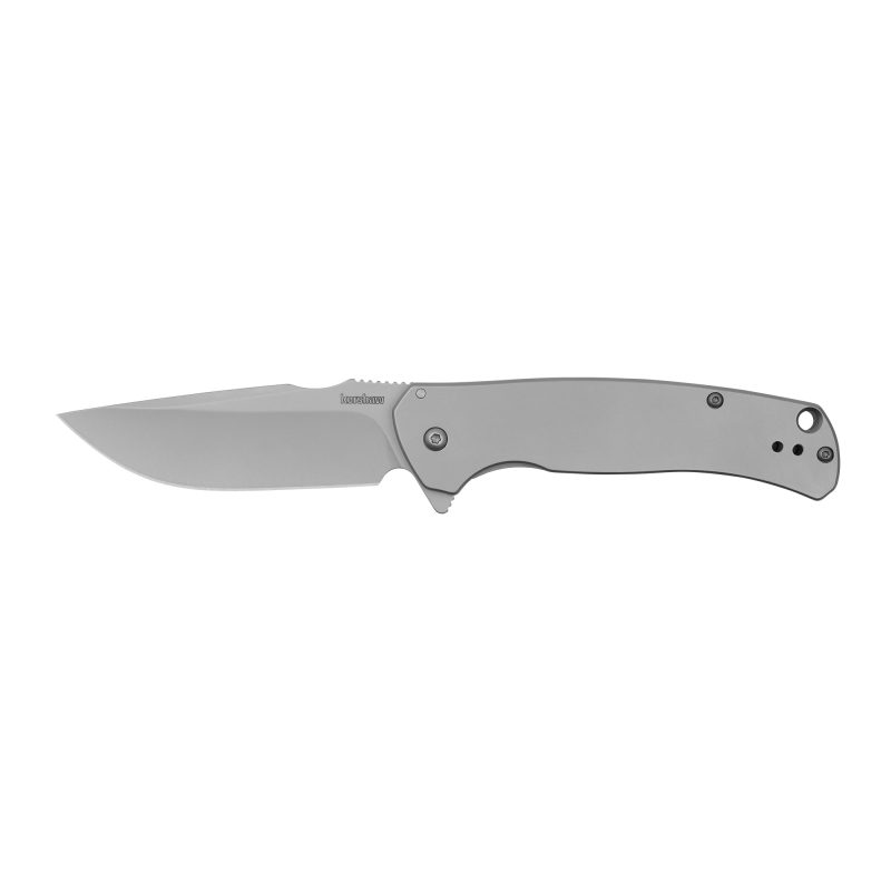 Kershaw Scour 3.3" bead-blasted folding knife with stainless steel handle, open blade, and deep-carry pocket clip.