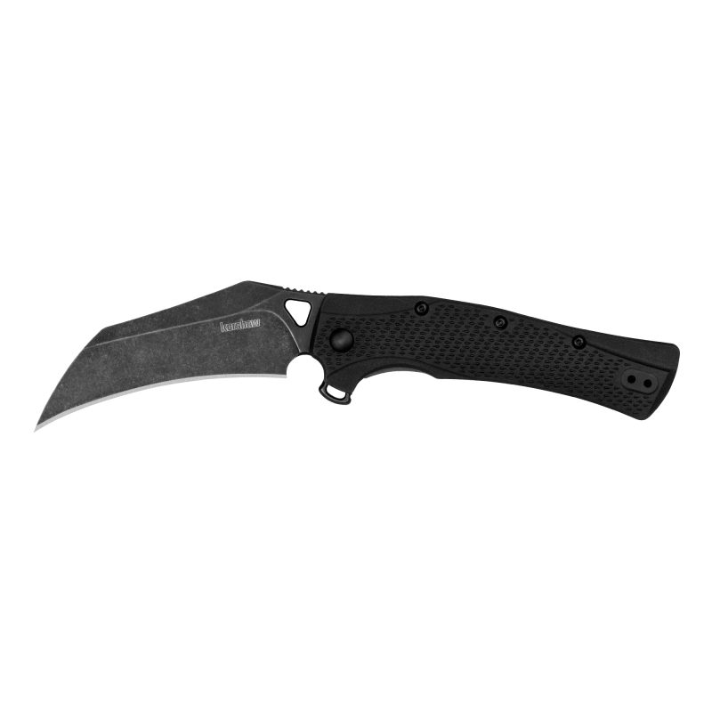 Kershaw Dawnstar 3.5 inch black hawkbill folding knife with BlackWash finish and glass-filled nylon handle, shown open on a rustic surface.