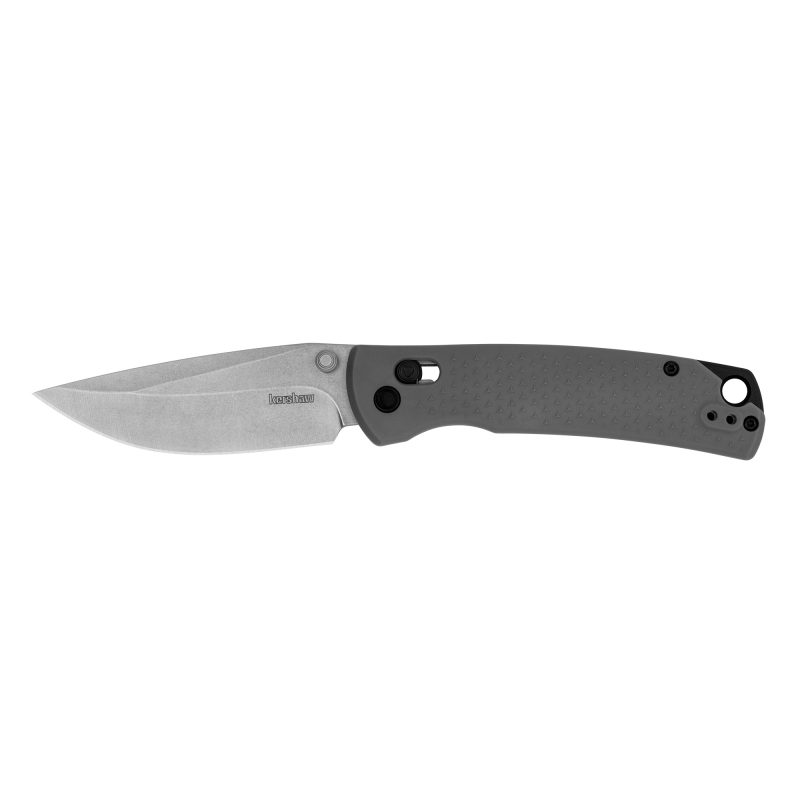 Kershaw Sequence folding knife with gray stone washed clip point blade and gray textured glass-filled nylon handle, closed, showing pocket clip.