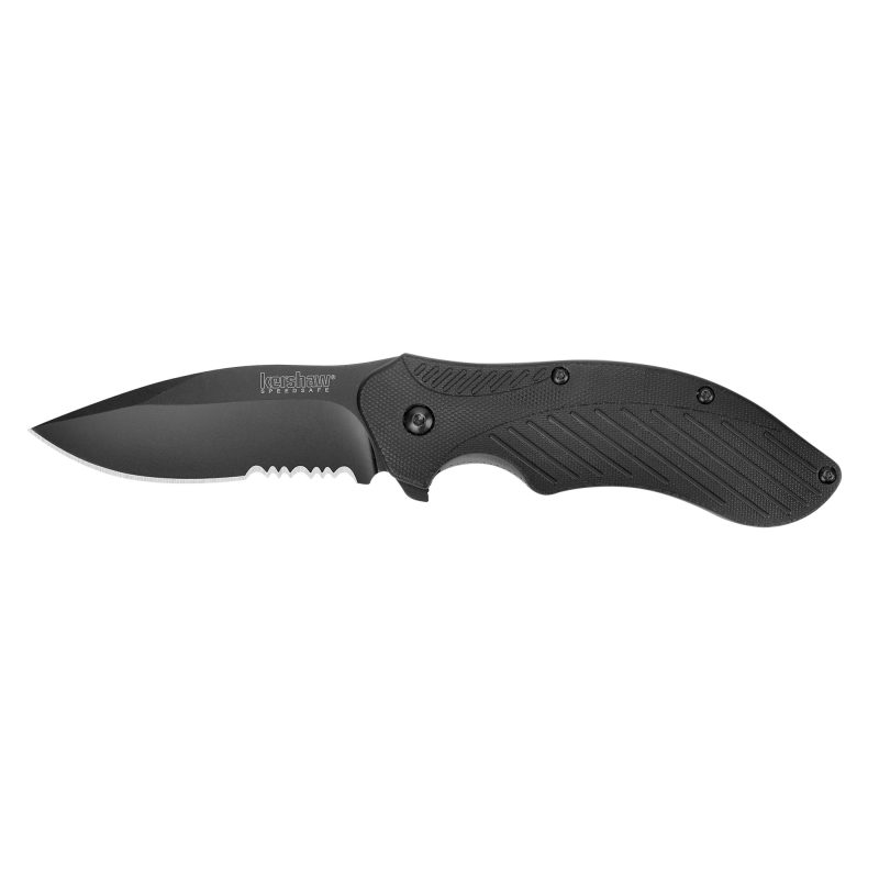 Kershaw Clash 3.1 inch black serrated folding knife with a partially serrated drop-point blade and black handle, shown closed.