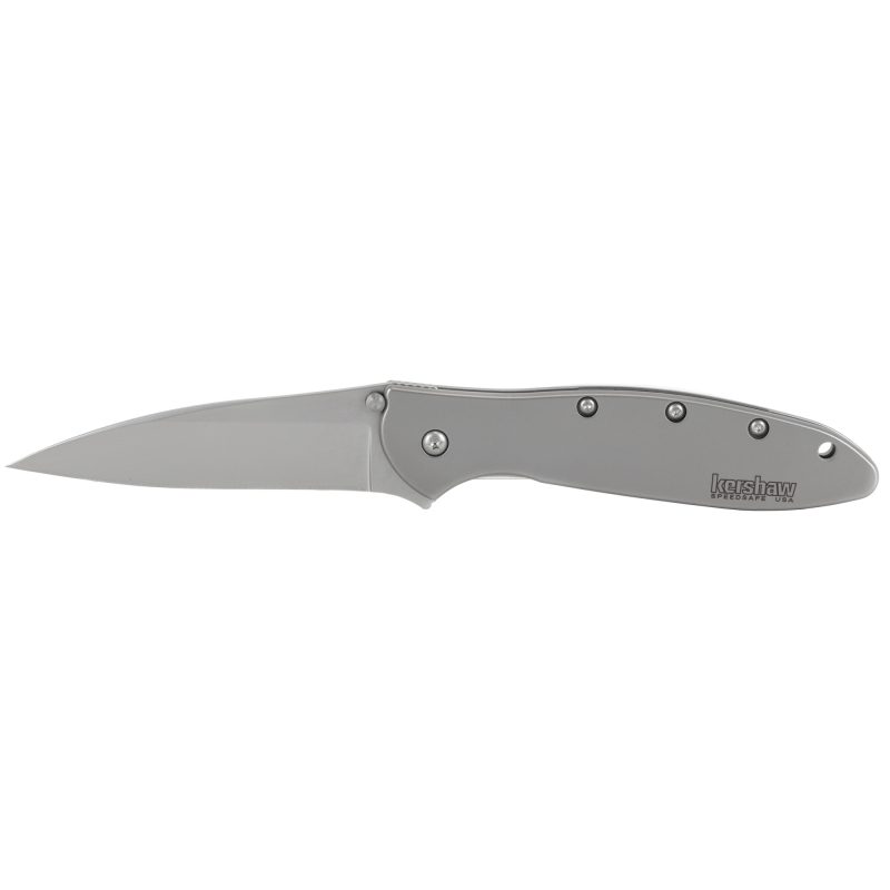 Kershaw Ken Onion Leek Plain Edge folding knife with a satin finish blade and stainless steel handle, partially open on a rustic wooden surface.