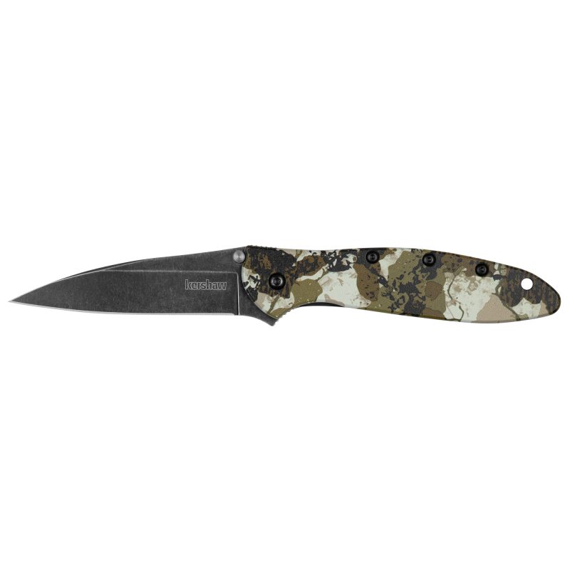 Kershaw Leek 3 inch Kings Camo Blkwash assisted folding knife with a black stonewash Wharncliffe blade and a camouflage aluminum handle, shown partially open.