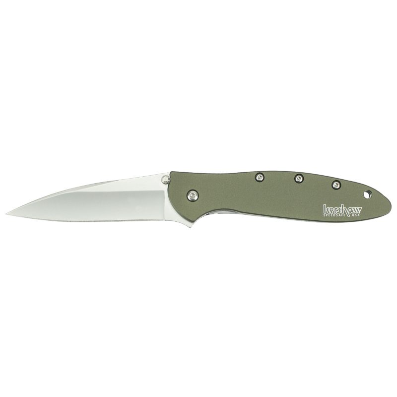 Olive green Kershaw Ken Onion Leek folding knife with a satin finish blade, open on a rustic wood background.