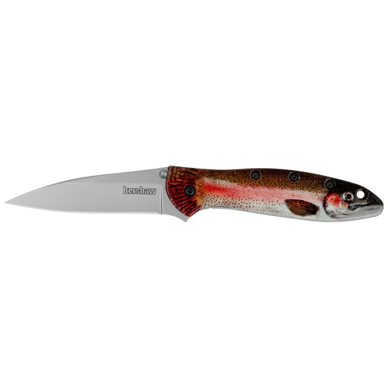 Kershaw Leek folding knife with a 3-inch silver drop point blade and a handle featuring a rainbow trout UFI coating, shown partially open.