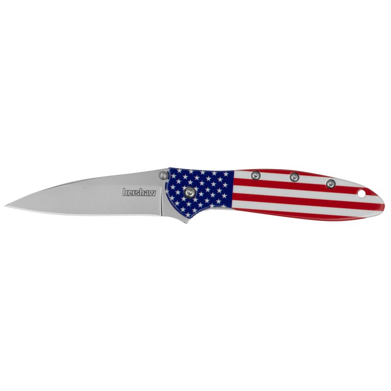 Kershaw Leek USA Flag folding knife with a silver drop point blade and an American flag pattern on the handle, partially open.