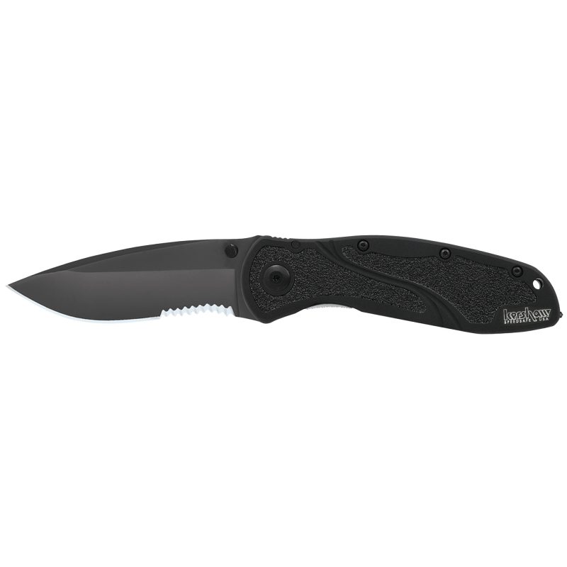 Kershaw Blur Glassbreaker Black Combo assisted folding knife with a partially serrated blade, black anodized aluminum handle, and carbide glass breaker tip, shown open.