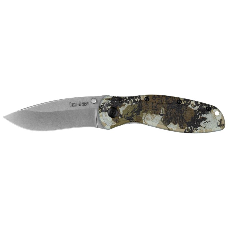 Kershaw Blur assisted folding knife with a stonewashed drop point blade and a King's Camo patterned 6061-T6 aluminum handle, featuring textured Trac-Tec inlays and a pocket clip, shown ready for use.