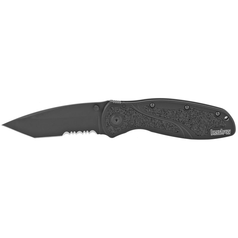 Kershaw Blur Tanto assisted folding knife with a black serrated tanto blade and black anodized aluminum handle with Trac-Tec inserts, shown closed.