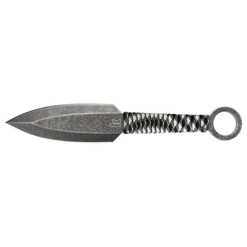Three Kershaw Ion throwing knives with blackwash finish and paracord wrapped handles, displayed with a nylon sheath.