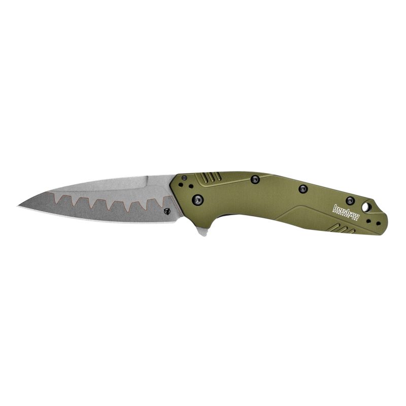Kershaw Dividend Composite Olive folding knife with a 3-inch drop point blade and an olive green anodized aluminum handle, shown open on a rustic surface.