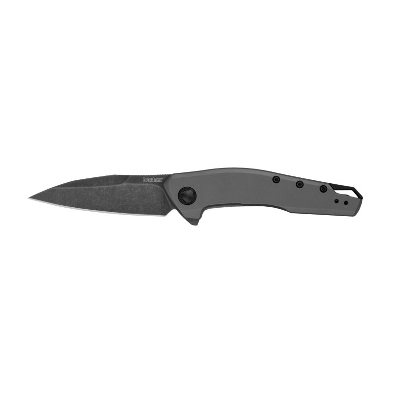 Kershaw Sanctum 2.98 inch Blackwash folding knife with a plain edge, stainless steel handle, and deep carry pocket clip, shown open on a rustic wood surface.
