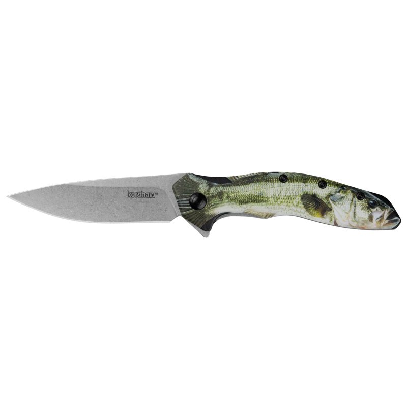 Kershaw Shoreline 3 inch Bass assisted folding knife with stonewash finish blade and aluminum handle featuring a bass fish design, open on a rustic wood surface.