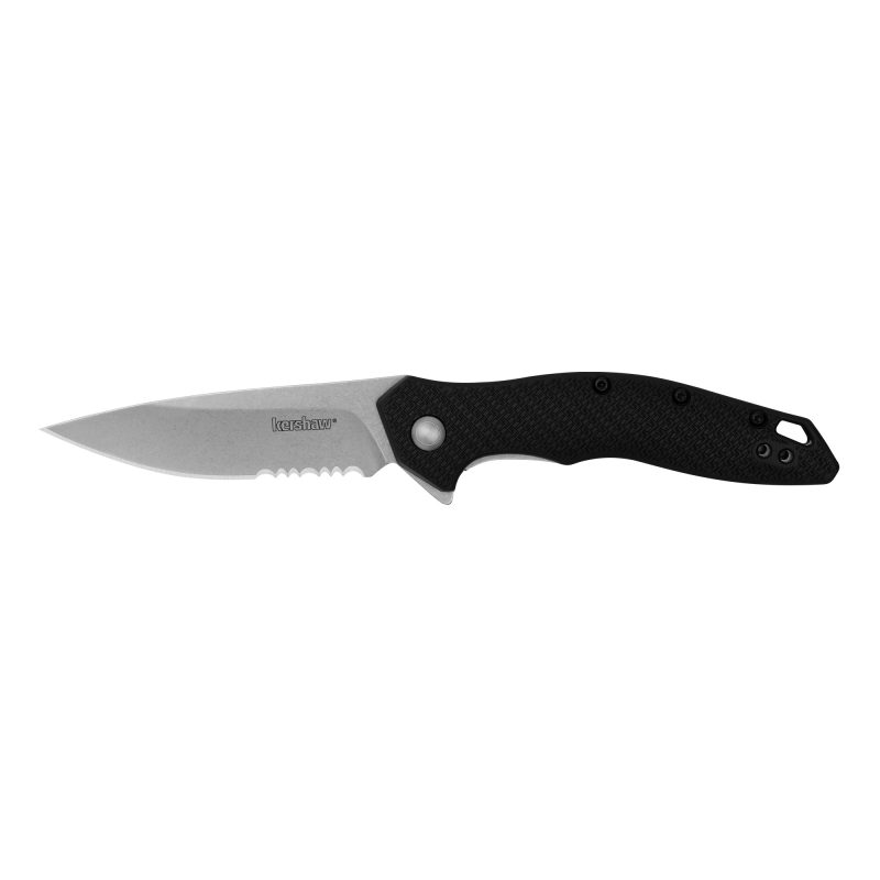 Kershaw Shoreline serrated folding knife with a black glass-filled nylon handle and a stone-washed silver spear point blade, shown open on a rustic surface.