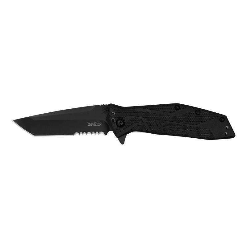 Kershaw Brawler folding knife with black oxide finished 3-inch serrated tanto blade and black glass-filled nylon handle, shown closed.