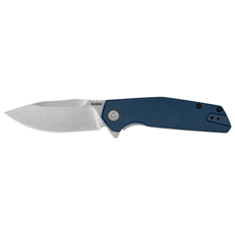 Kershaw Lucid folding knife with blue glass-filled nylon handle and stonewash finish blade, partially open, against a rugged outdoor background.