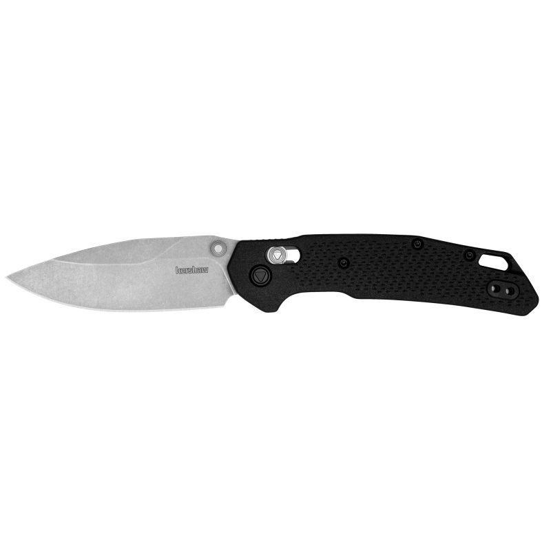 Kershaw Heist folding knife with black glass-filled nylon handle and stonewashed D2 steel blade, open on a rustic wood surface.