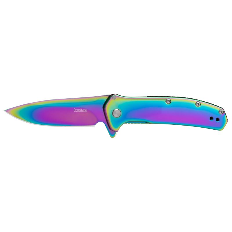 Kershaw Outcome 2.8 inch folding knife with a rainbow PVD finished drop point blade and handle, shown open with a frame lock.