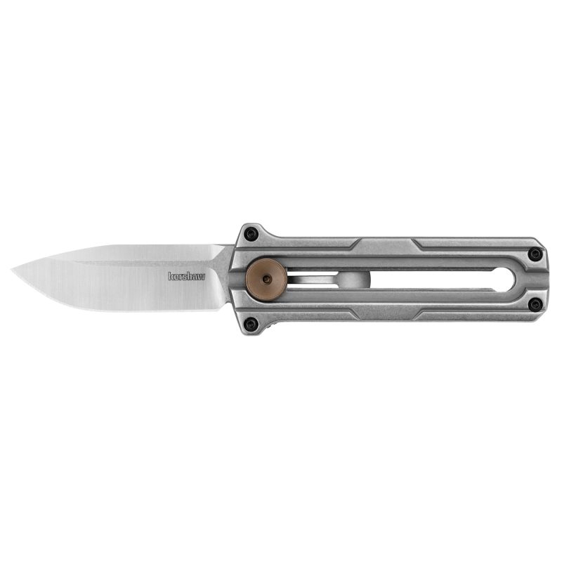 Kershaw Cybernet 2.4 inch plain edge out-the-front knife with a satin D2 blade and silver stainless steel handle, shown with pocket clip.