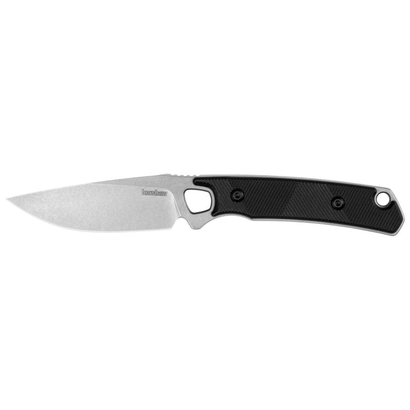 Kershaw Steppe fixed blade knife with a silver D2 steel plain edge blade and a black polypropylene and rubber handle, shown with its black sheath.